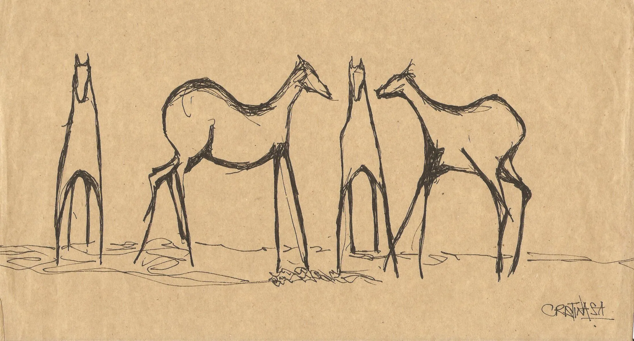 Caballos primitivos — dibujo a tinta sobre papel kraft de Cristina Sevilla